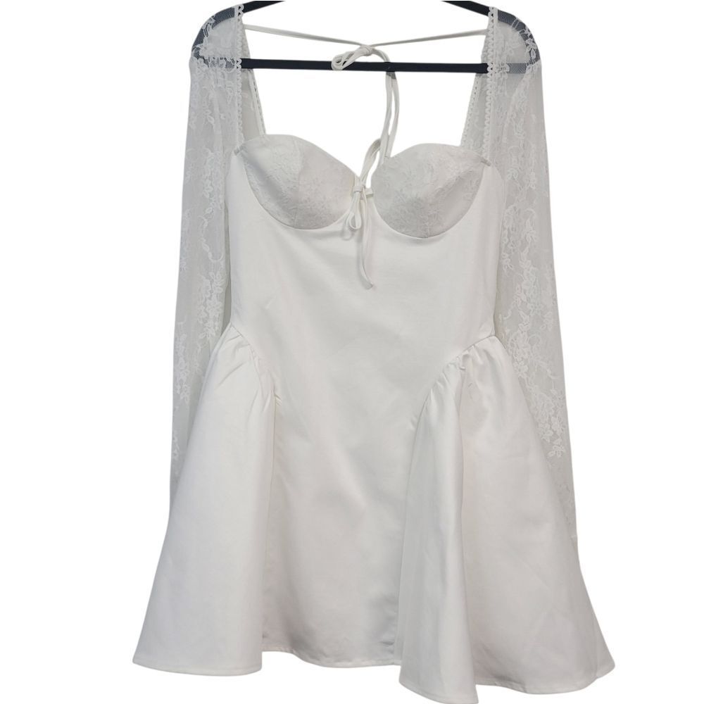 White Satin Corset Mini Dress with Lace Bell Sleeves – Bridal/Coquette Style SM